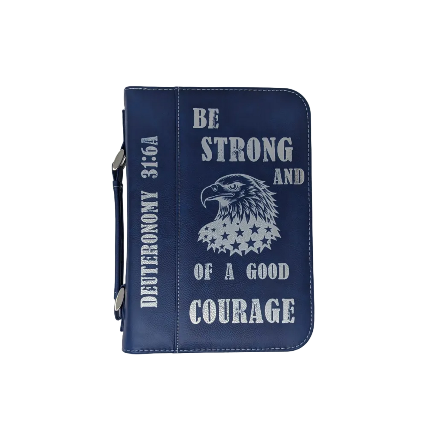 Blue Leatherette Bible Cover with american eagle and Deuteronomy 31:6a engraved on the front