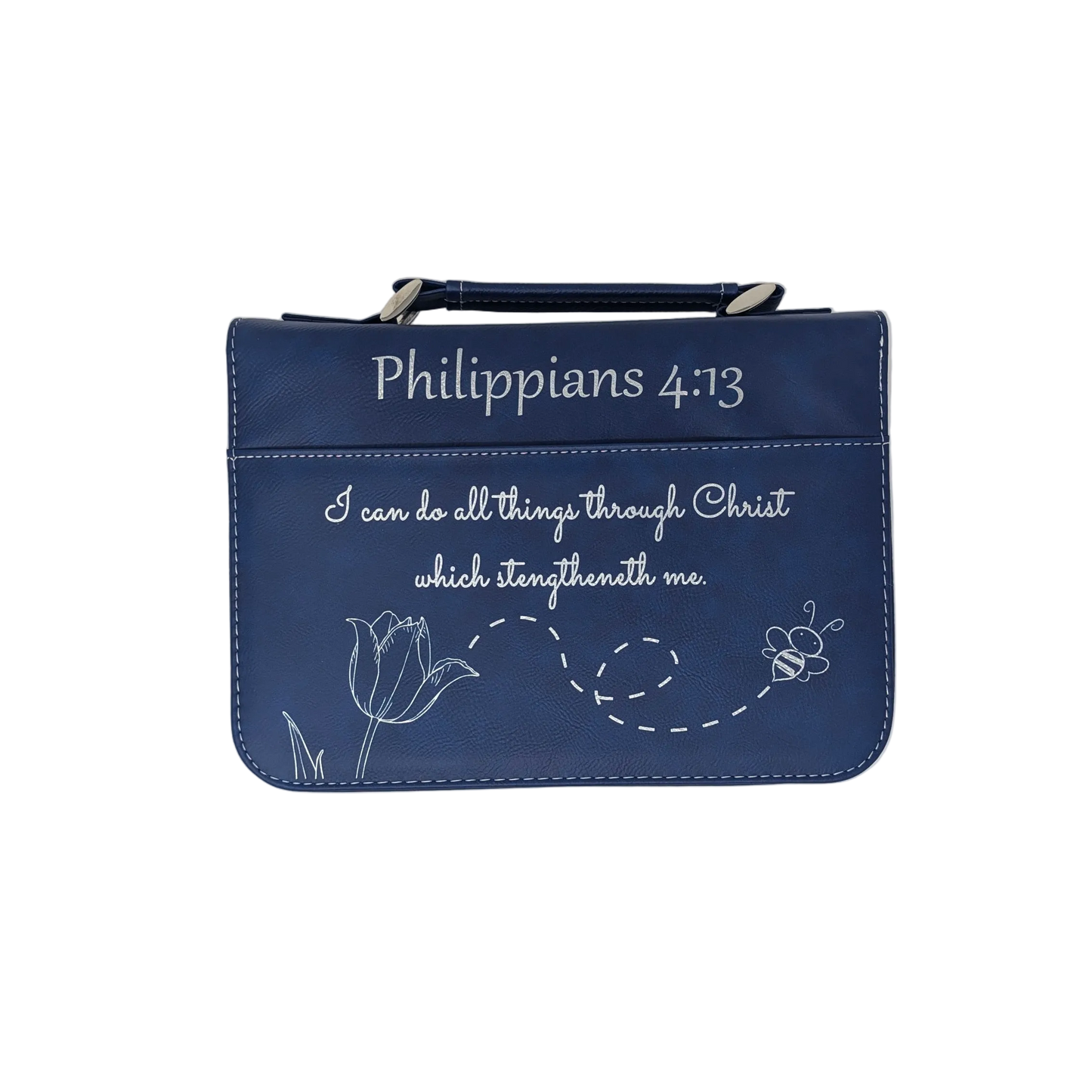 Blue Leatherette Bible Cover with Phil. 4:13, a tulip, and bumblebee graphic design engraved on the front.