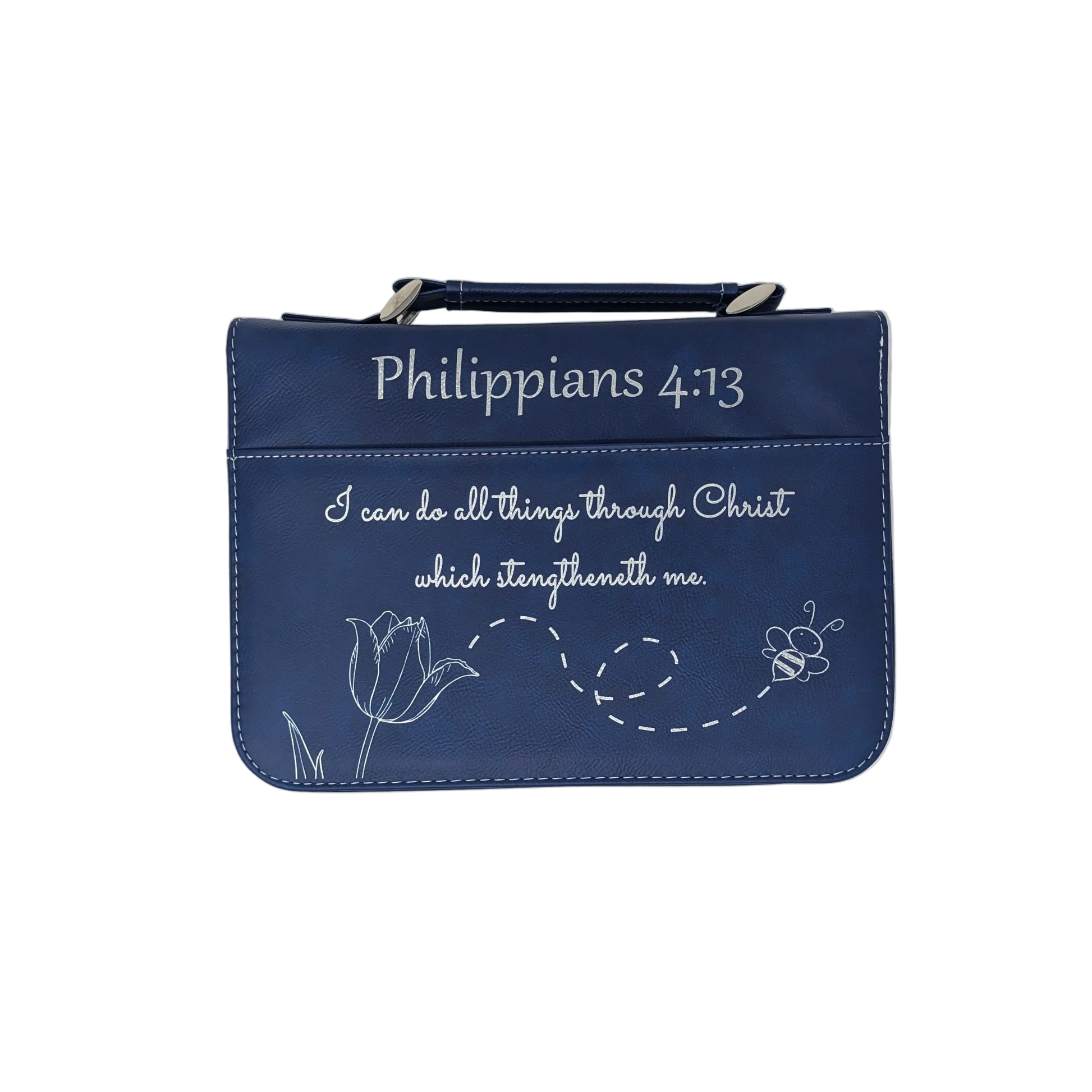 Blue Leatherette Bible Cover with Phil. 4:13, a tulip, and bumblebee graphic design engraved on the front.