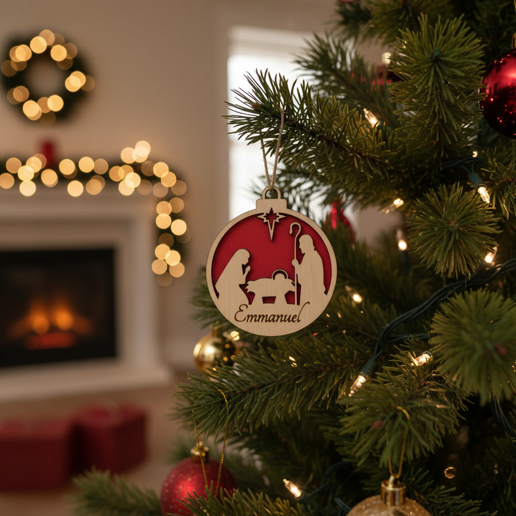 Christmas Ornament featuring the Nativity with a Christmas Red Background.