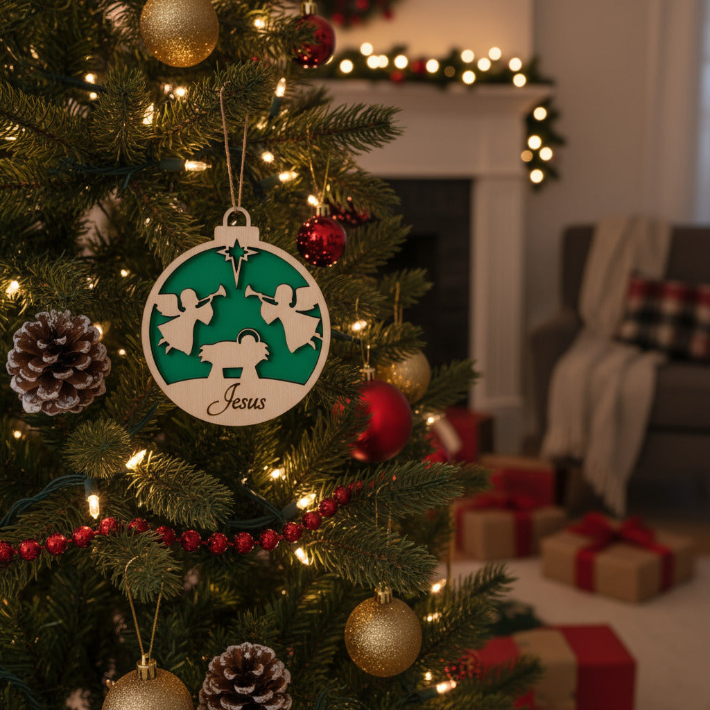 Christmas Ornament featuring the manger and two angels with a christmas green background.