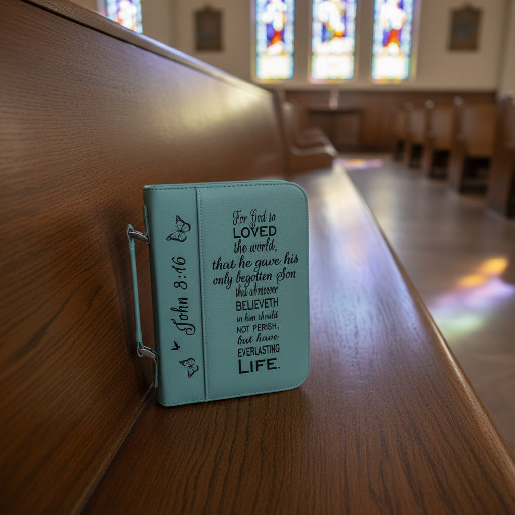Teal Bible Cover with John 3:16, and butterflies.