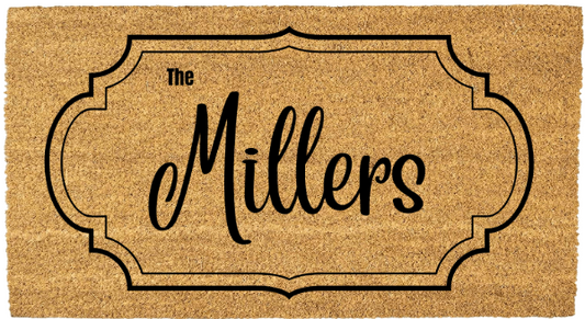 Doormat with 'The Millers' text on a beige Coco Coir Mat
