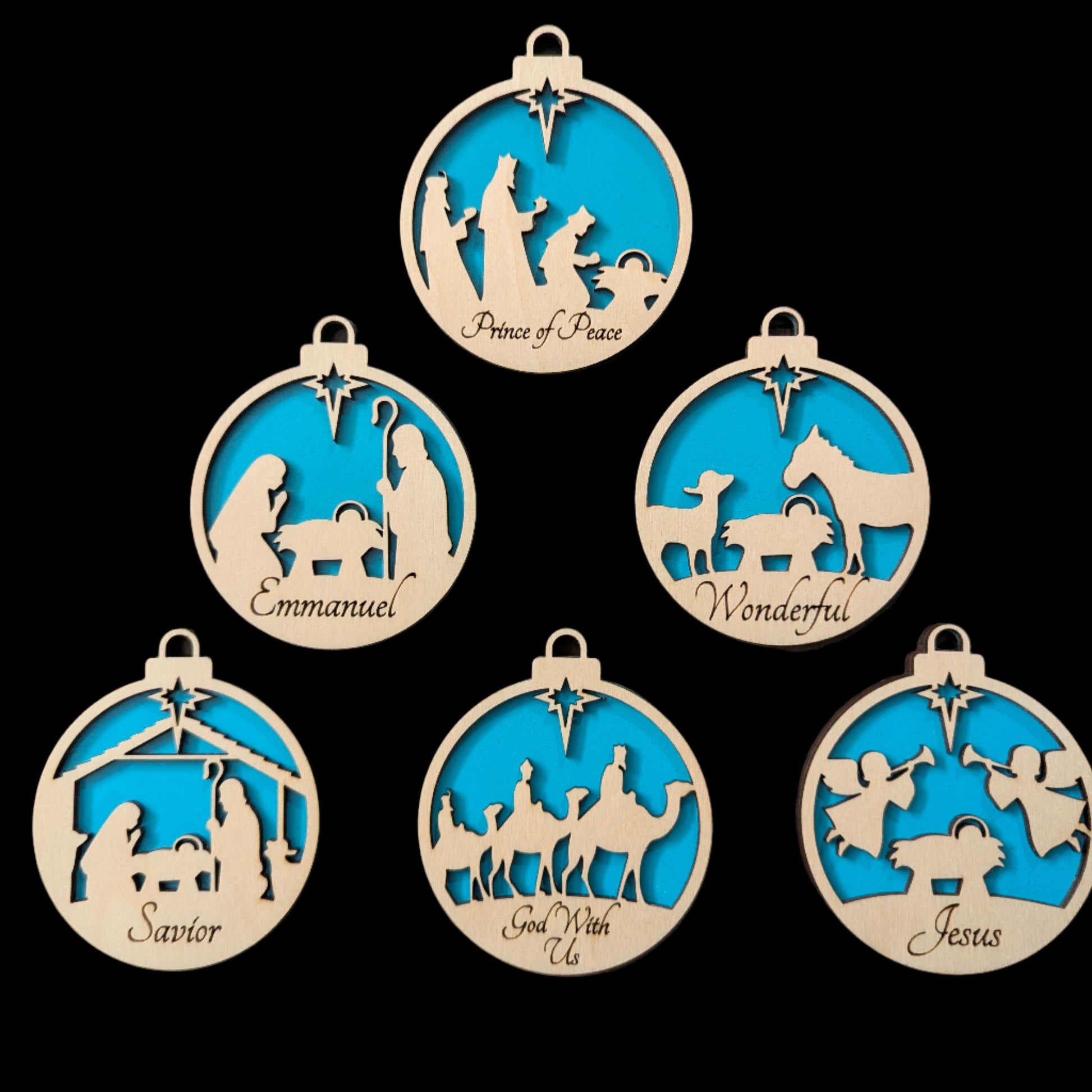 6 Teal Blue Christmas Ornaments Names of Jesus