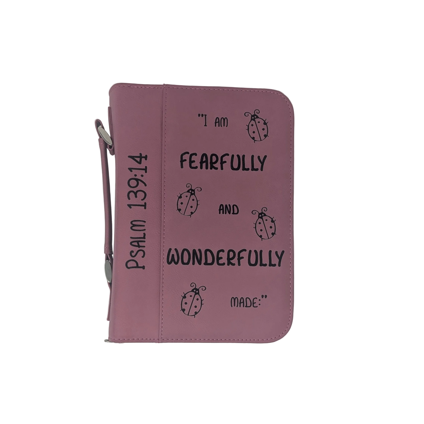 Pink Leatherette Bible Cover with Psalm 139:14 and ladybugs engraved on the front.
