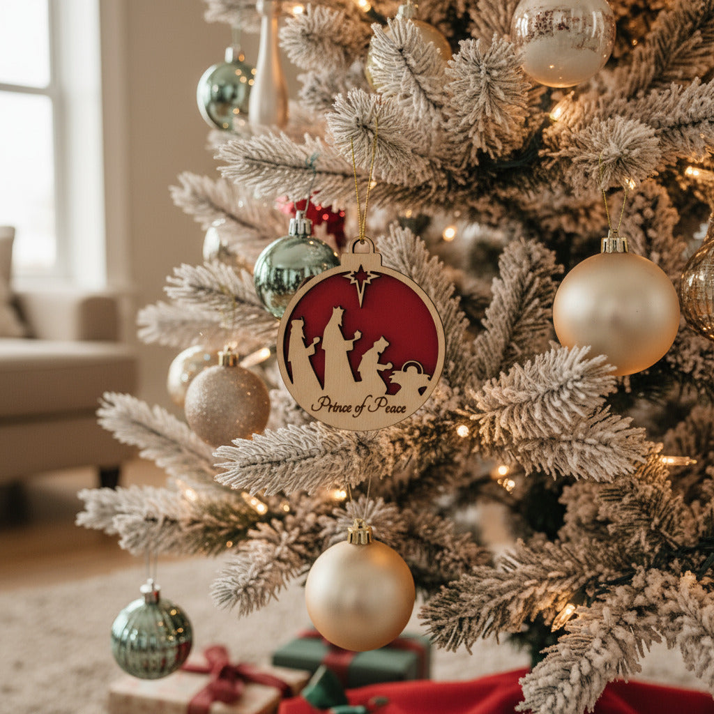 Christmas Ornament featuring the Nativity with a Christmas Red Background