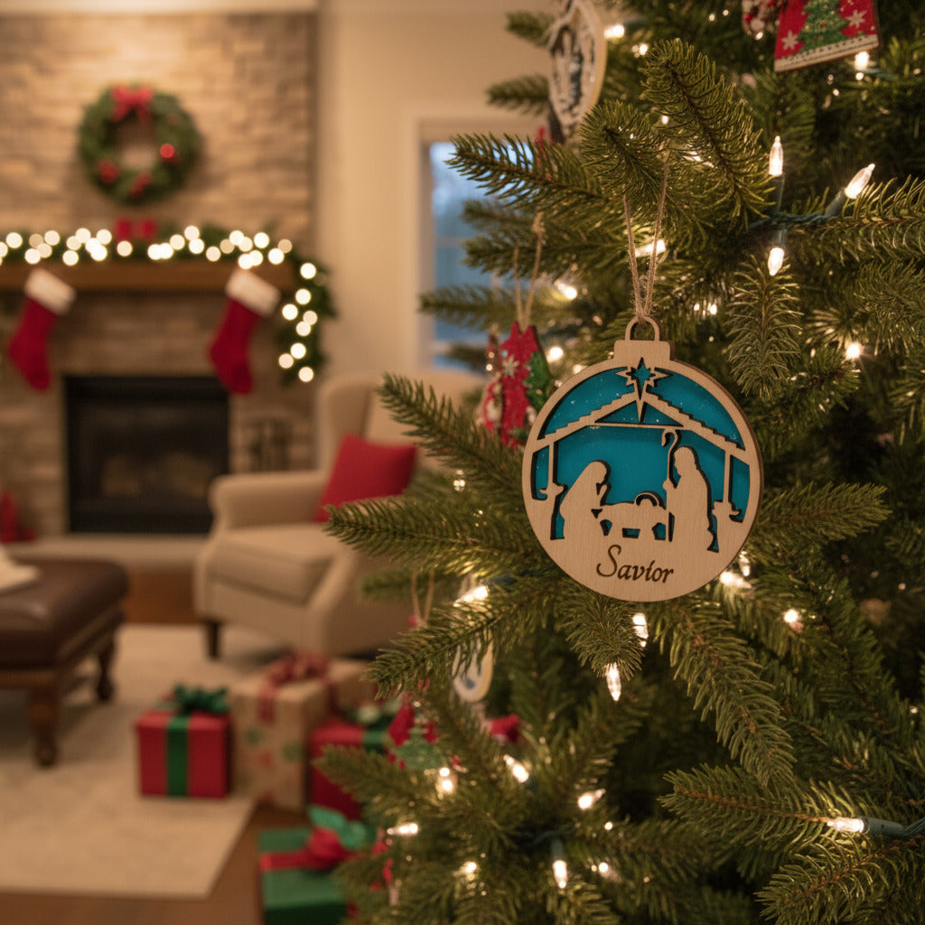 Christmas Ornament featuring the Nativity with a Teal Background