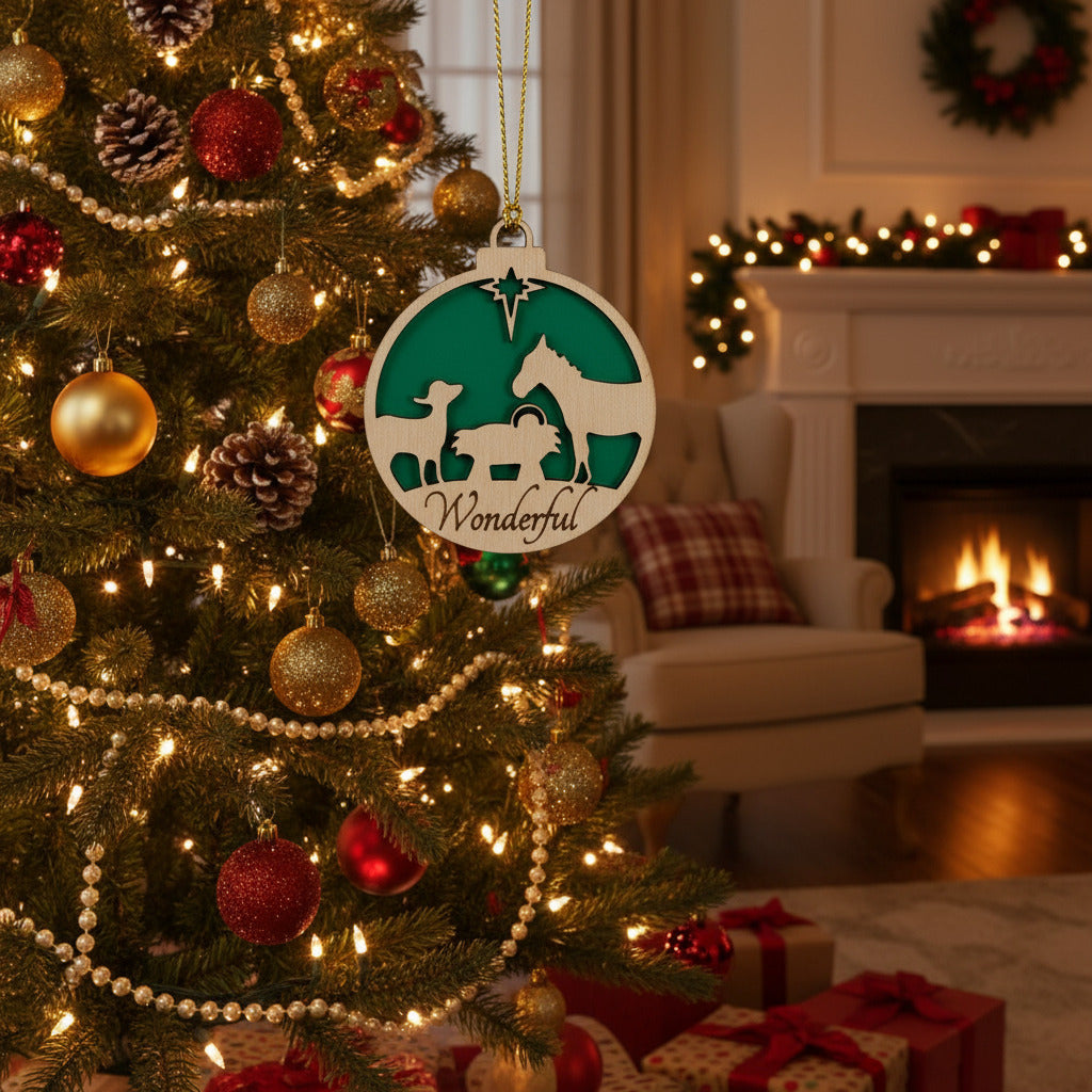 Christmas Ornament featuring the manger, a donkey and a sheep with a christmas green background.